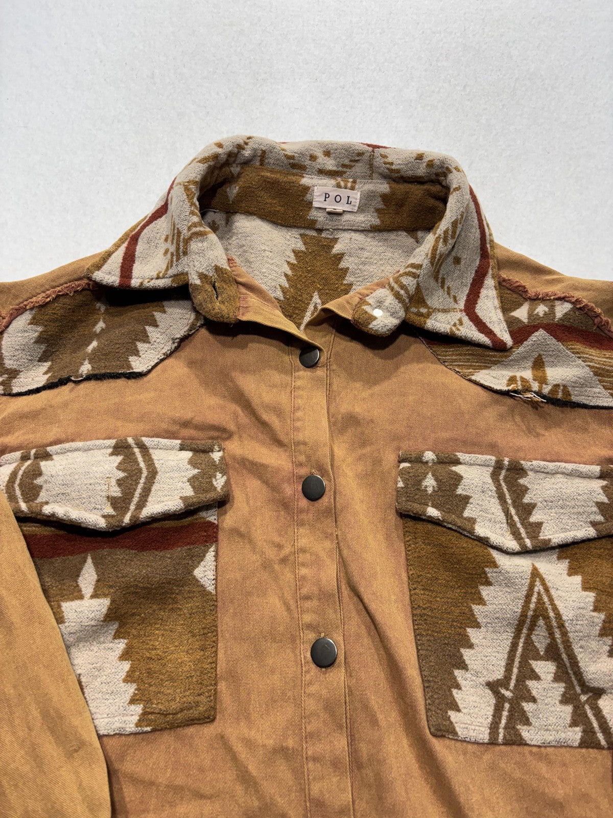 POL Jacket Womens S Brown Snap Front Aztec Geometric Western Shacket FWT361