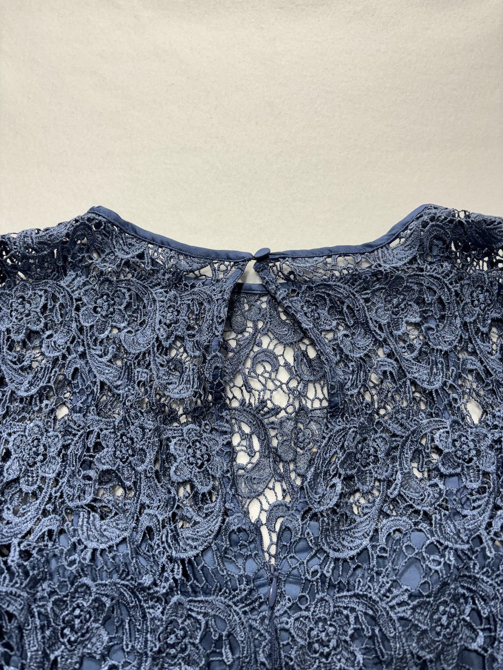 Dressbarn Dress Womens 14 Blue Floral Lace Short Sleeve Sheath Party Cocktail