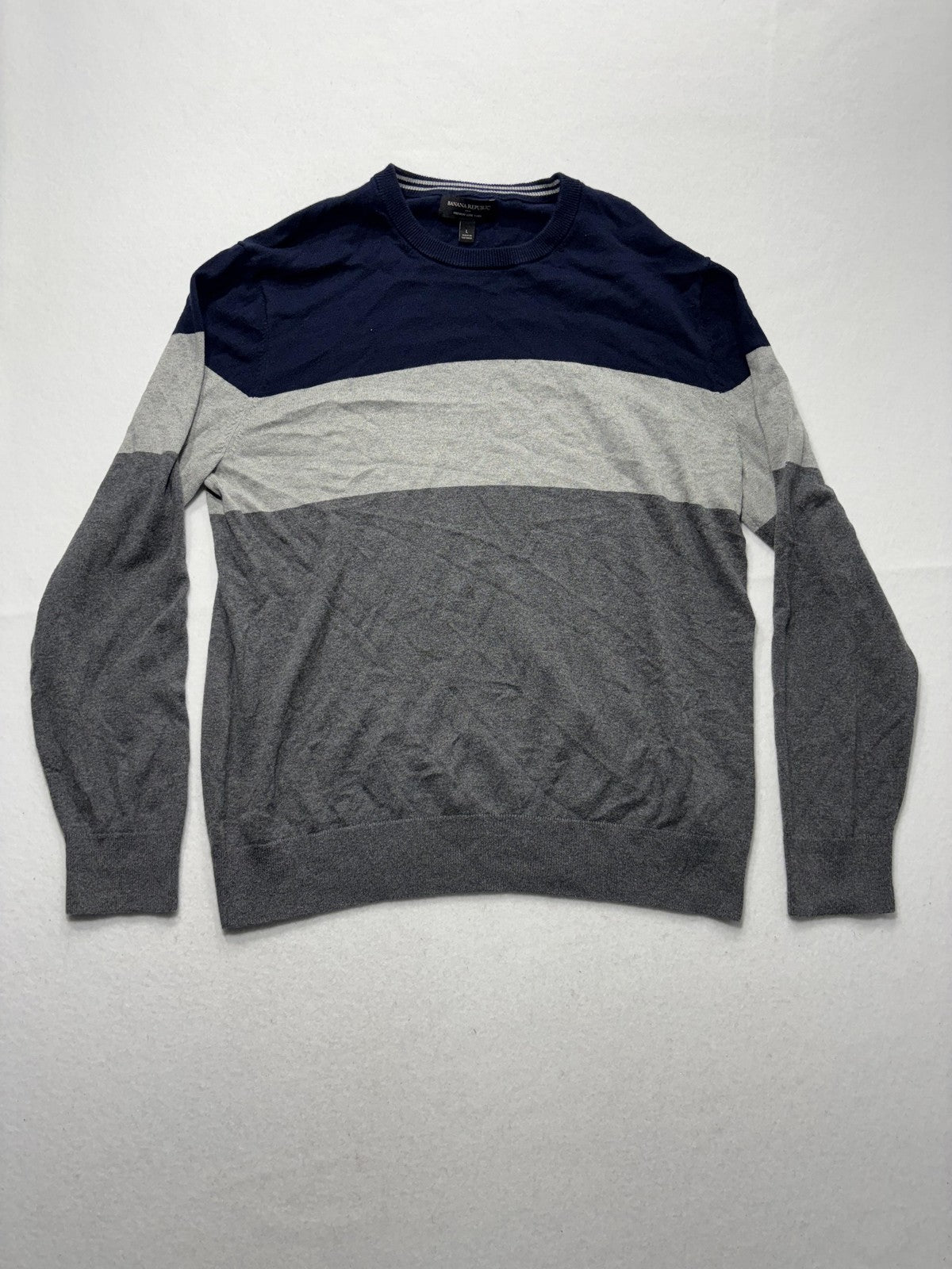 Banana Republic Sweater Mens Large Blue Gray Striped Crew Neck Knit Pullover