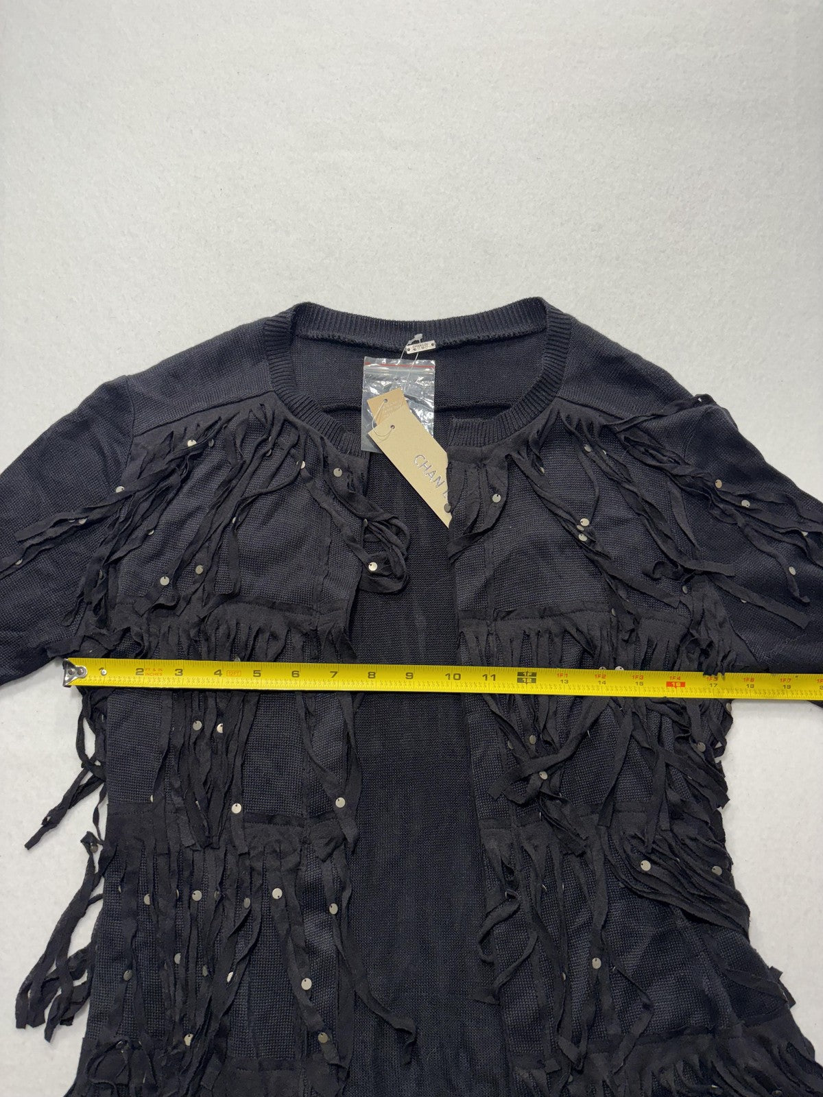 Chan Luu Cardigan Womens XS Black Fringe Sequin Knit Open Front Boho Long Sleeve