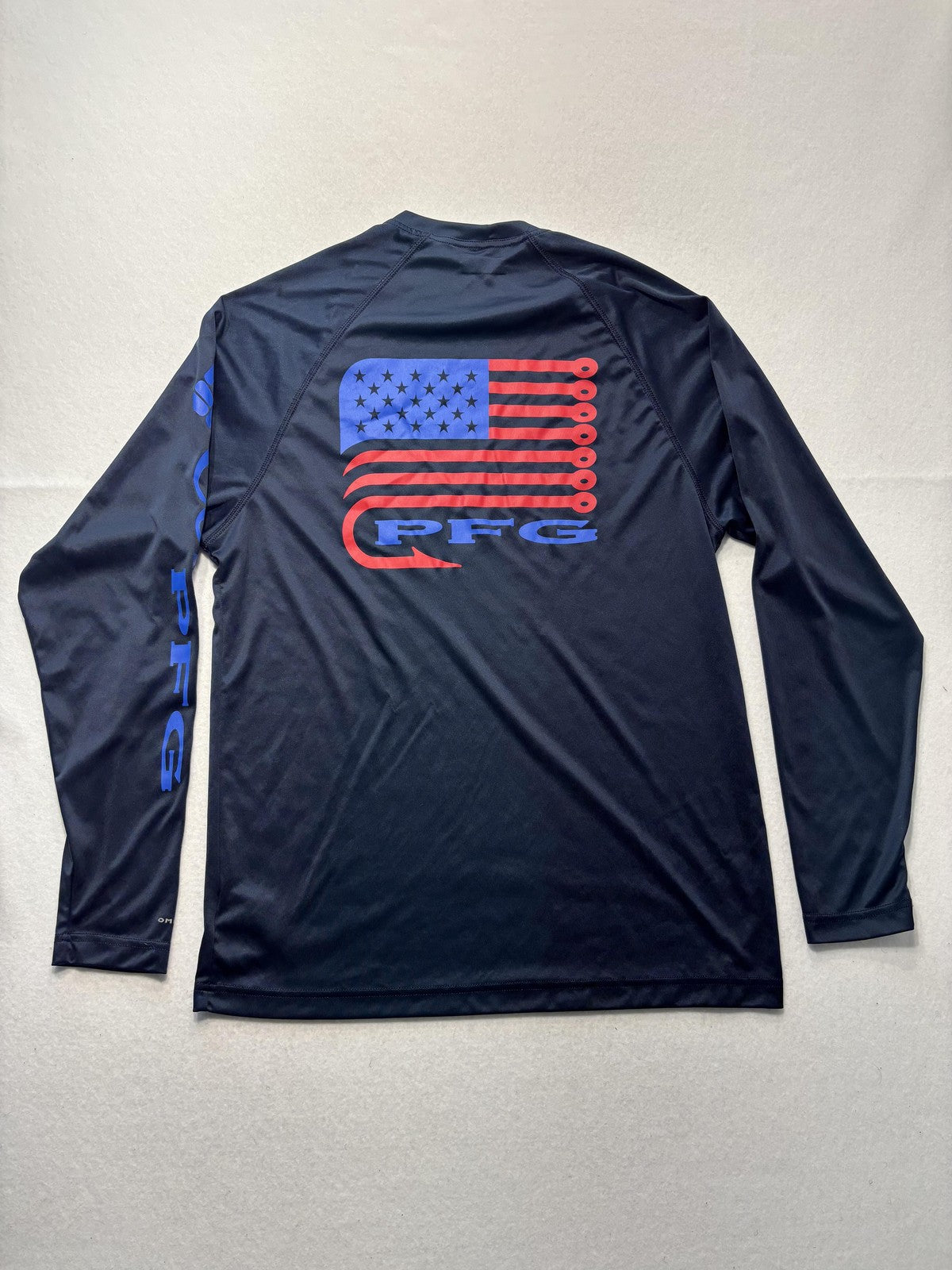 Columbia PFG Omni-Shade Shirt Mens Medium Blue Long Sleeve Fishing USA Flag