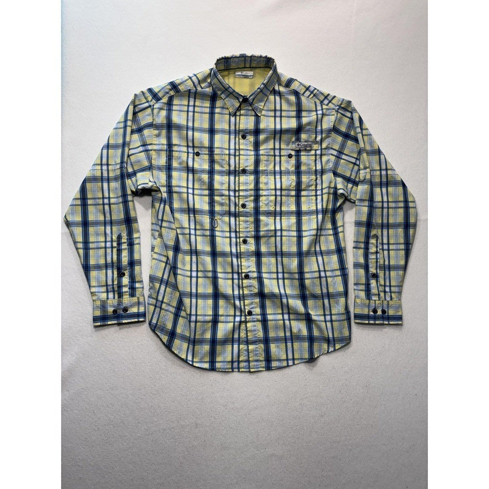 Columbia PFG Shirt Mens Medium Yellow Blue Plaid Long Sleeve Fishing Button Up