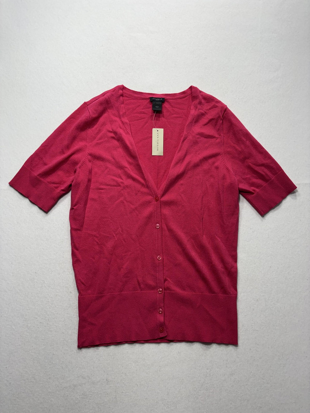 Ann Taylor Cardigan Womens Large Pink V Neck Short Sleeve Button Front Knit
