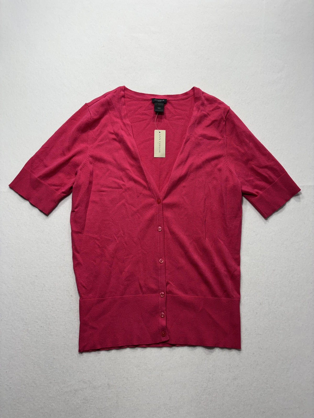 Ann Taylor Cardigan Womens Large Pink V Neck Short Sleeve Button Front Knit