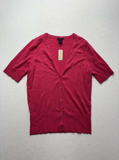 Ann Taylor Cardigan Womens Large Pink V Neck Short Sleeve Button Front Knit