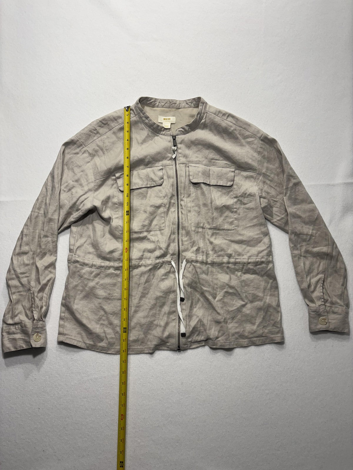 Maeve Jacket Womens L Beige Linen Blend Collarless Full Zip Waist Drawstring