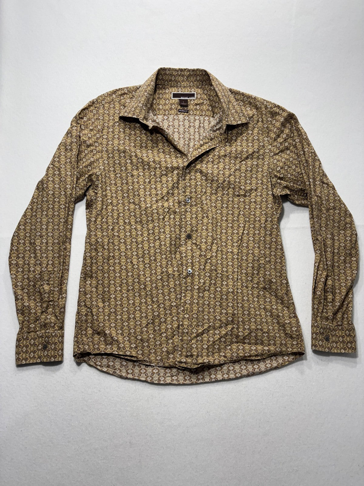 Michael Kors Dress Shirt Mens Large Brown Floral Long Sleeve Tailored Fit