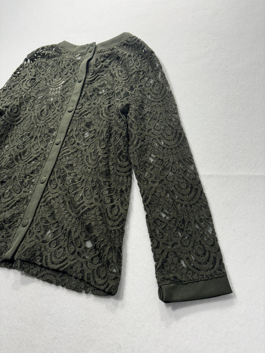 Banana Republic Blouse Womens Medium Green Lace Crew Neck Long Sleeve Sheer Top