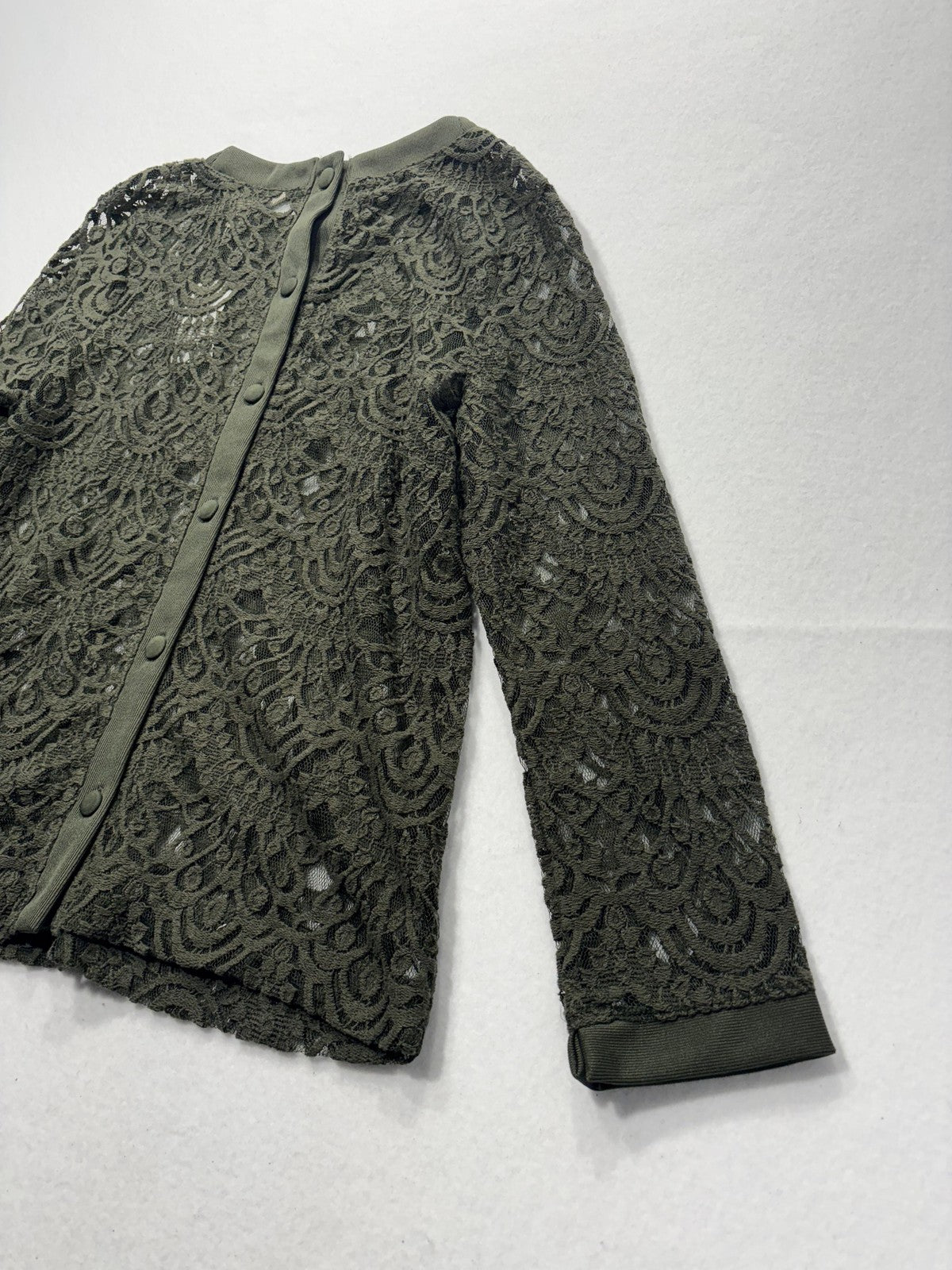 Banana Republic Blouse Womens Medium Green Lace Crew Neck Long Sleeve Sheer Top