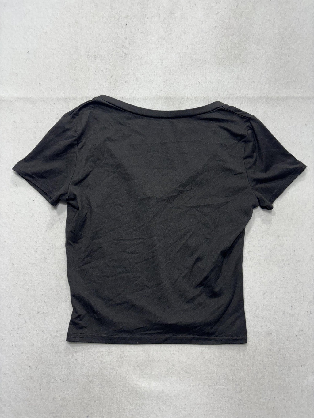 Black V Neck Short Sleeve Cropped Stretch Tee Shirt Womens Medium C187VOV657