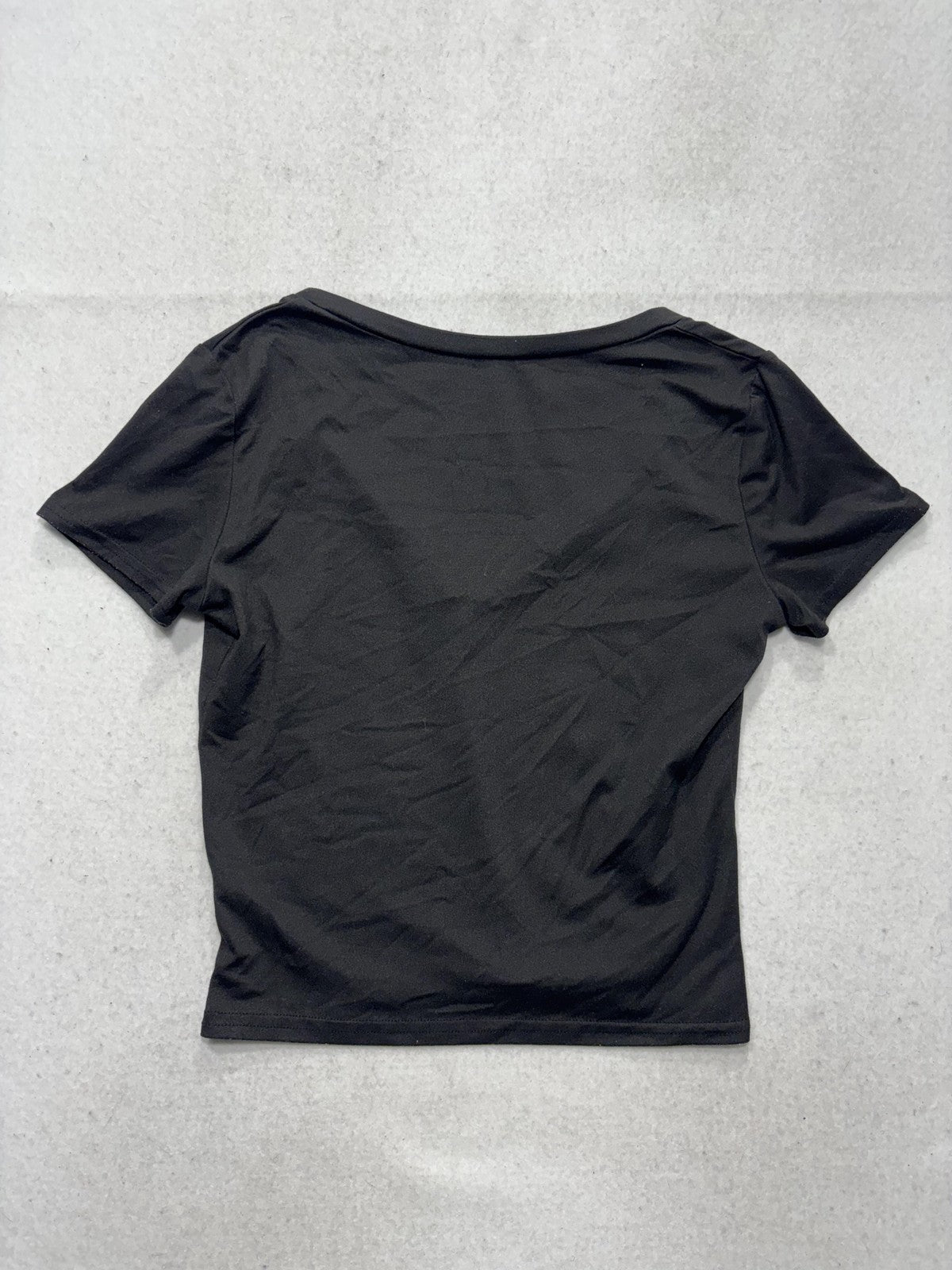Black V Neck Short Sleeve Cropped Stretch Tee Shirt Womens Medium C187VOV657