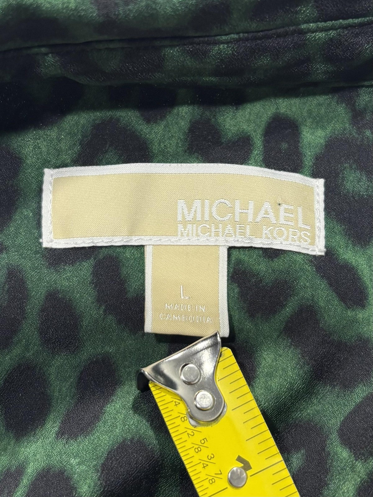 MICHAEL Michael Kors Blouse Womens Large Green Animal Print Zip Front Satin
