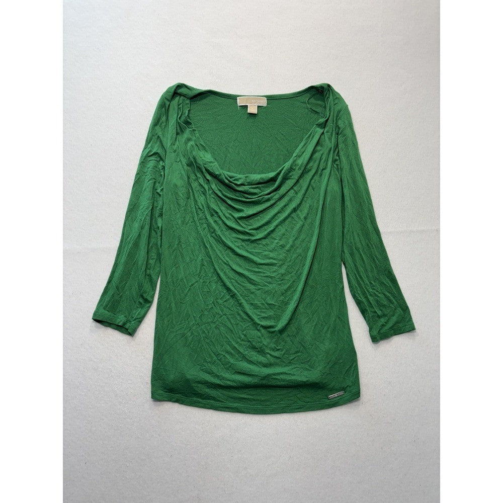 Michael Kors Top Womens Medium Green Cowl Neck 3/4 Sleeve Stretch Tunic Blouse