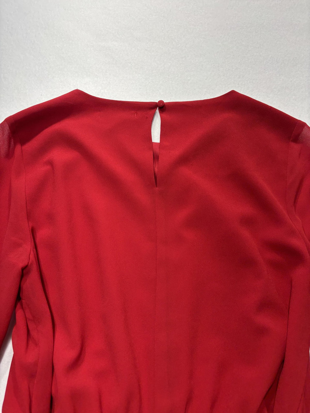 KLD Dress Womens Medium Red Chiffon Belted Fit Flare Long Sleeve Round Neck Mini