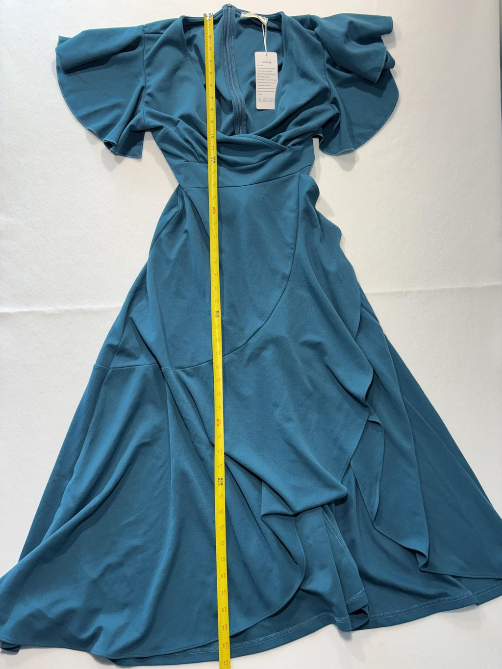 ZZV Dress Womens Medium Blue Cowl Neck Flutter Sleeve Asymmetrical Ruffle Midi