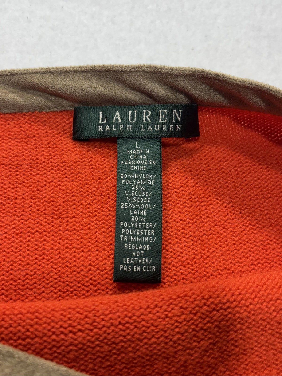 Lauren Ralph Lauren Sweater Womens Large Orange Boat Neck Faux Suede Trim Knit