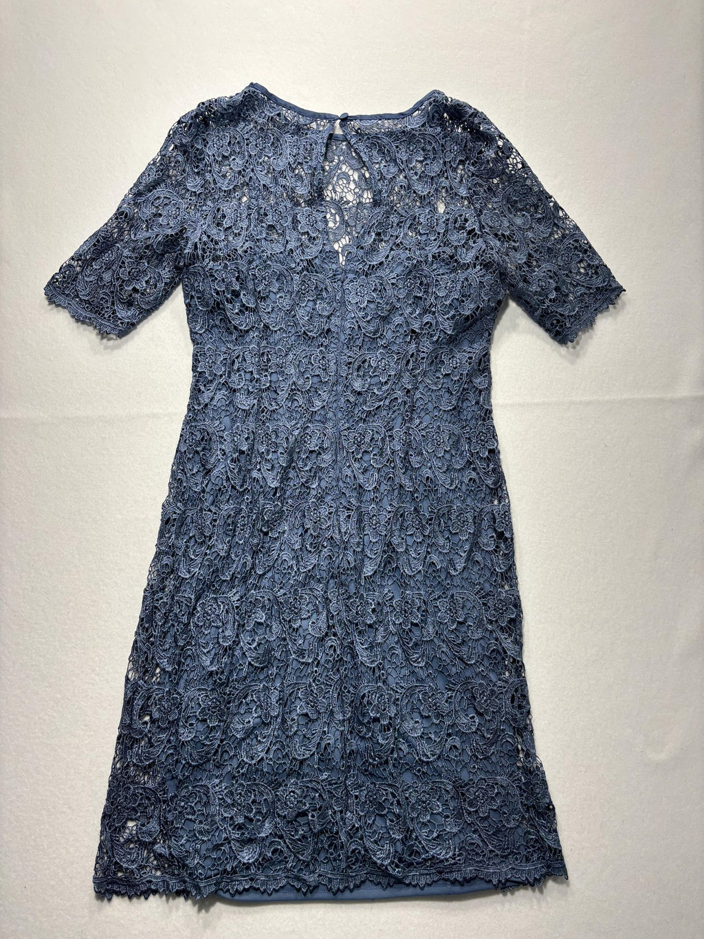 Dressbarn Dress Womens 14 Blue Floral Lace Short Sleeve Sheath Party Cocktail