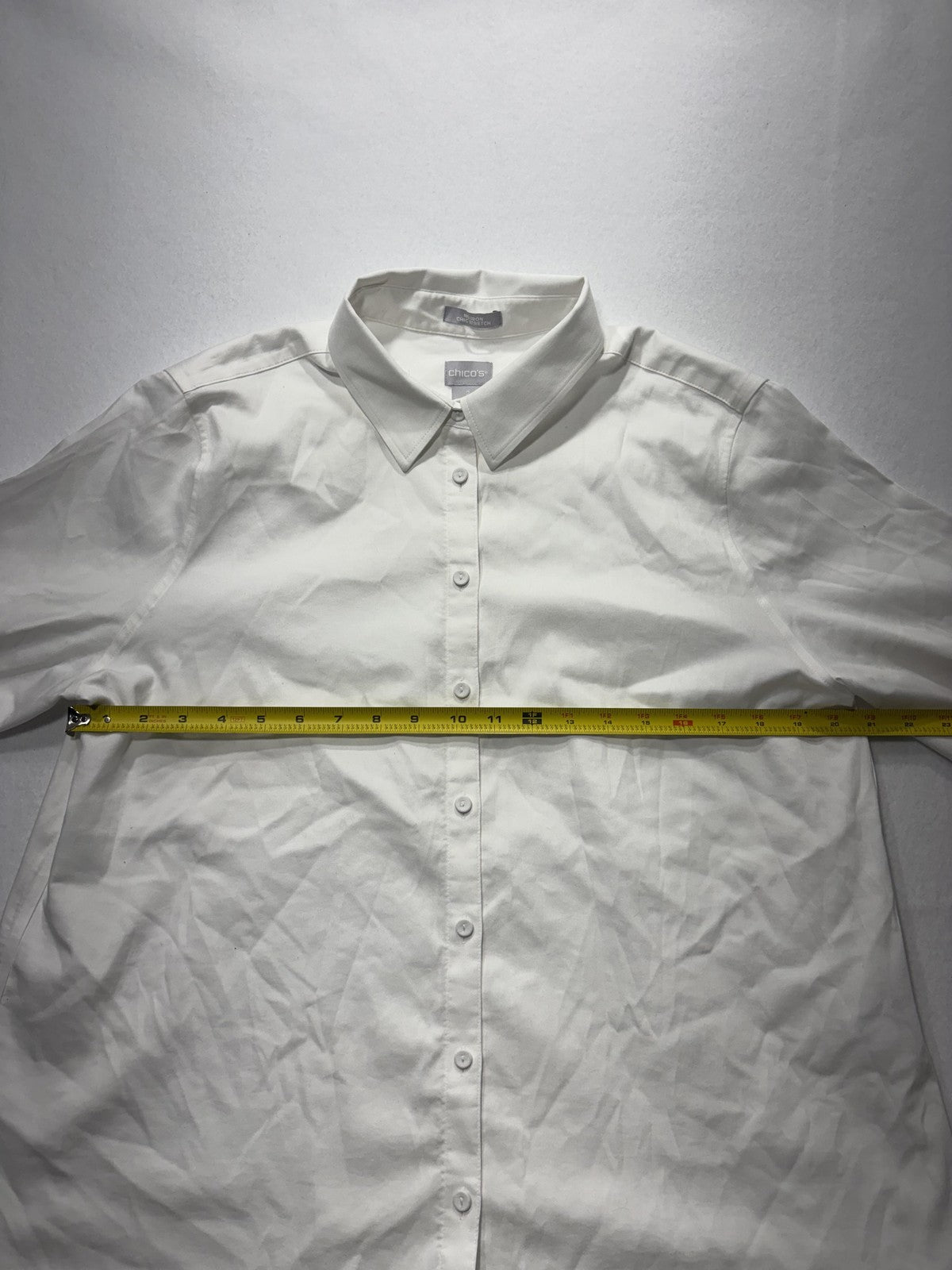 Chico's Blouse Womens 12 White Button Front Collared 3/4 Bell Sleeve Tunic Top
