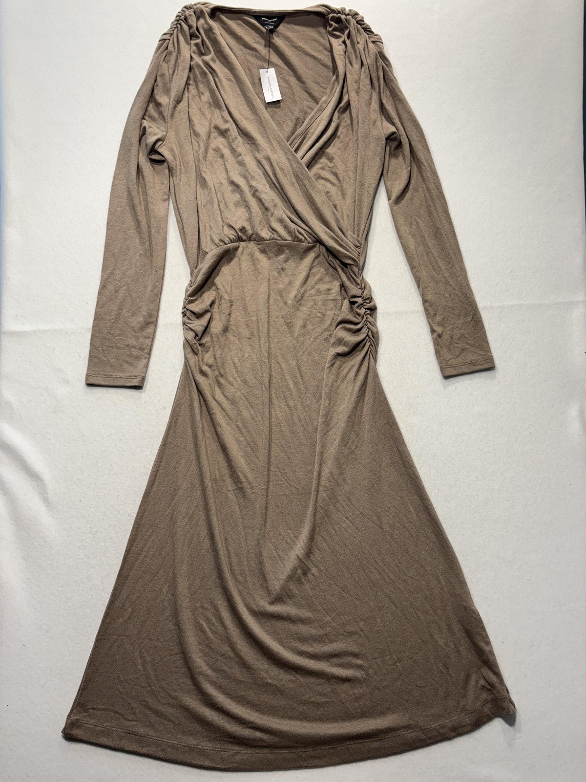 Banana Republic Dress Womens Medium Brown V Neck Long Sleeve Ruched Wrap Maxi