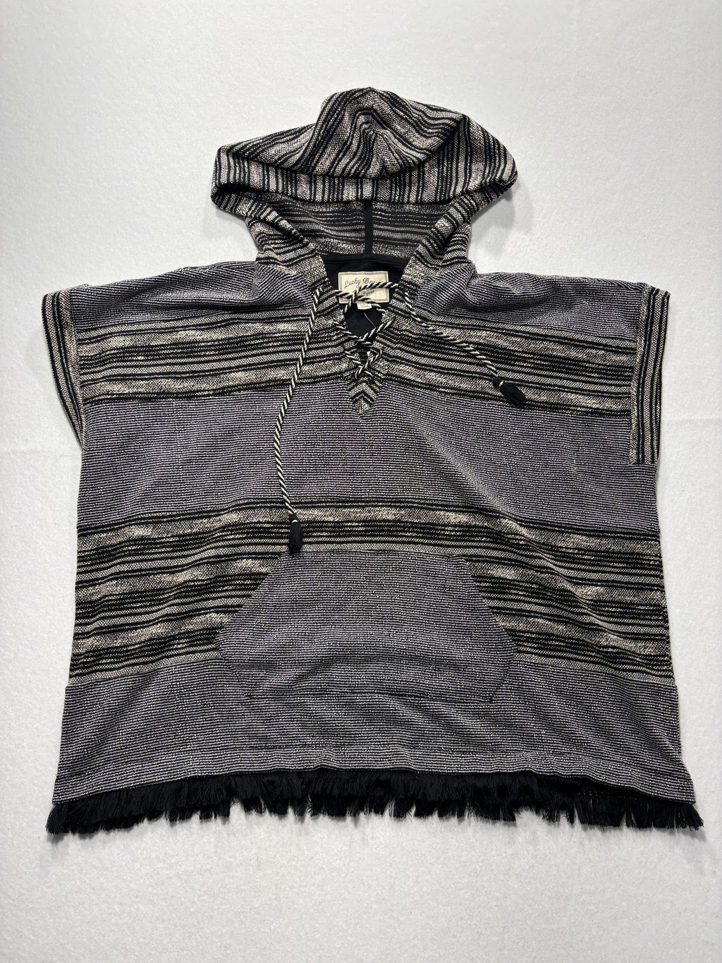 Lucky Brand Sweater Womens XS/S Black Striped Hooded Fringe Poncho Pullover