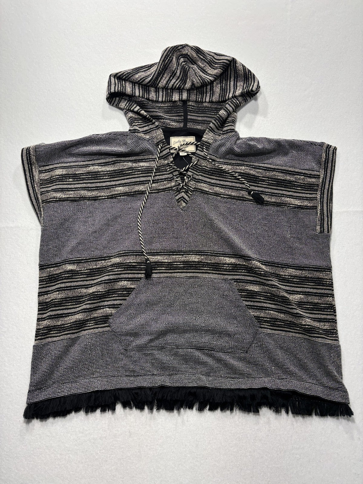 Lucky Brand Sweater Womens XS/S Black Striped Hooded Fringe Poncho Pullover