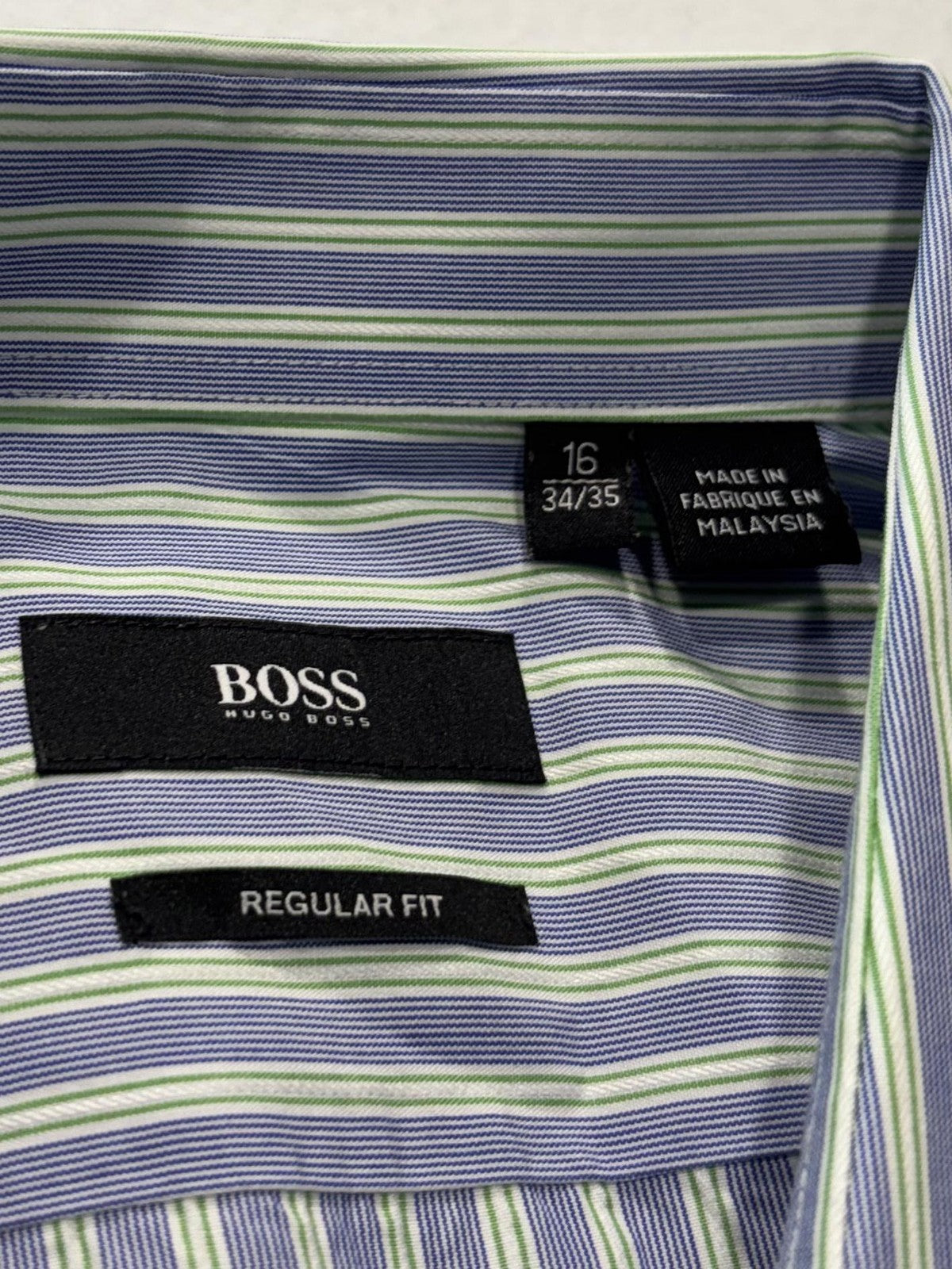 Hugo Boss Dress Shirt Mens 16 34/35 Blue Stripe Cotton Regular Fit LS Button Up