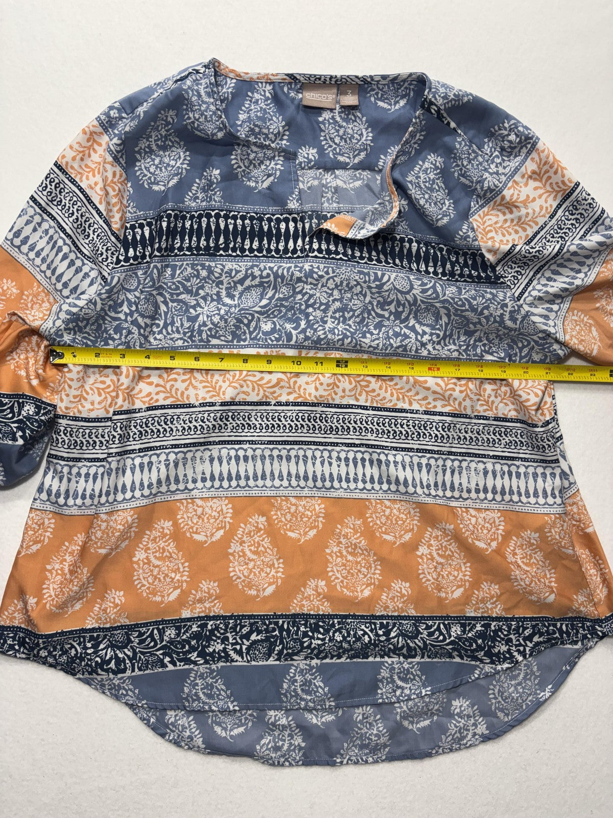 Chico's Blouse Womens 3 Blue Orange Paisley Print Henley 3/4 Roll Tab Tunic Top