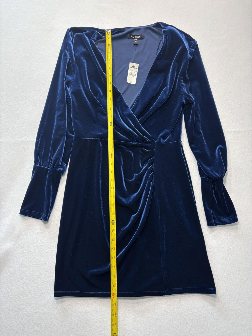 Express Dress Womens Medium Blue Velvet Wrap V Neck Ruched Long Sleeve Party