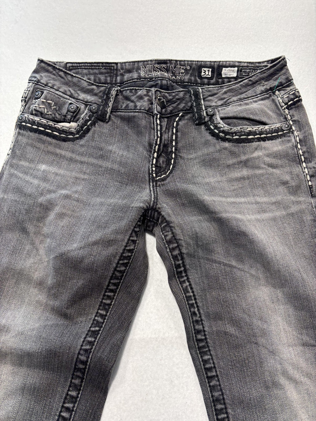 Miss Me Sunny Skinny Jeans Womens 31 Charcoal Wash Mid Rise Embroidered 31x30.5