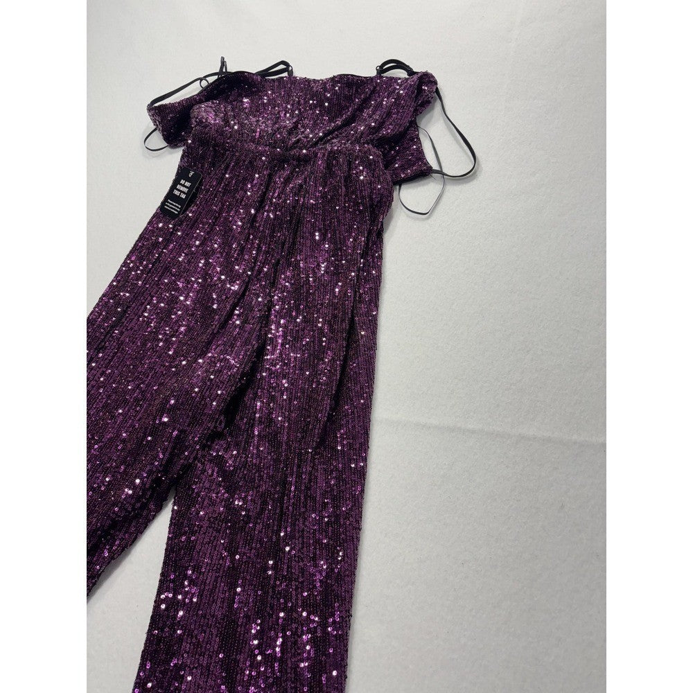 Express Jumpsuit Womens XS Purple Sequin V Neck Wide Leg Sleeveless 19938189 NEW