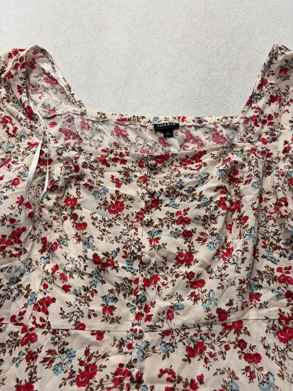 Torrid Blouse Womens 2 White Floral Square Neck Puff Sleeve Button Top Boho