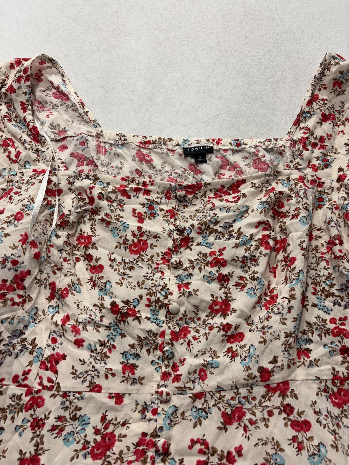 Torrid Blouse Womens 2 White Floral Square Neck Puff Sleeve Button Top Boho