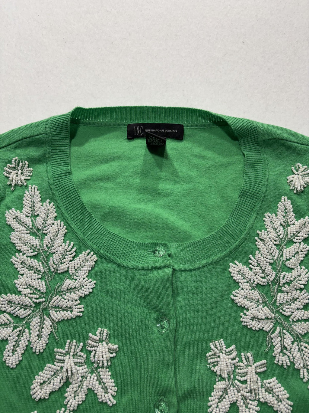 INC International Concepts Cardigan Womens Medium Green Beaded Short Sleeve