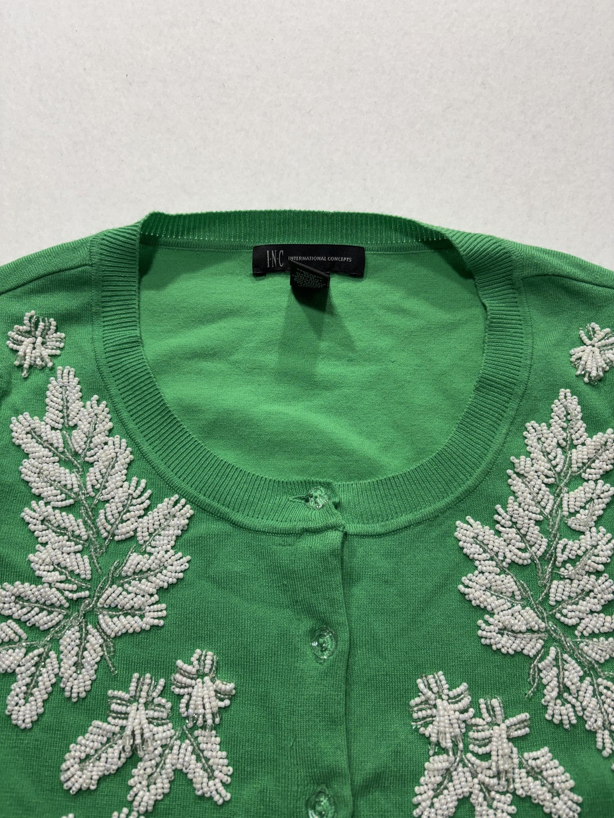 INC International Concepts Cardigan Womens Medium Green Beaded Short Sleeve