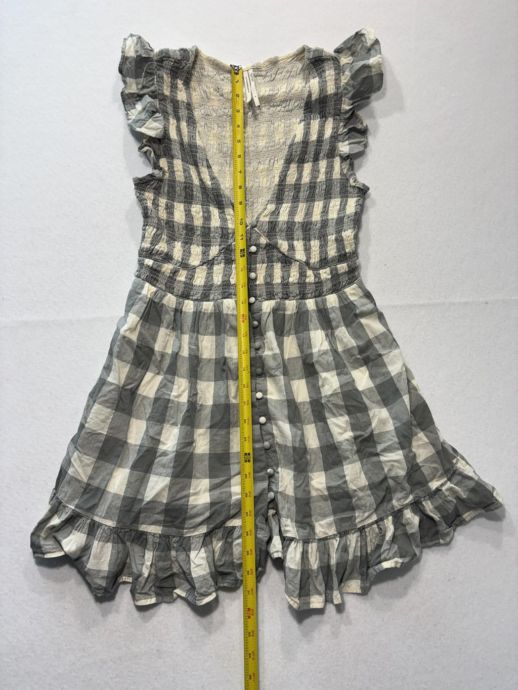 Anthropologie Dress Womens Small Gray Check V Neck Smocked Ruffle Sundress Boho