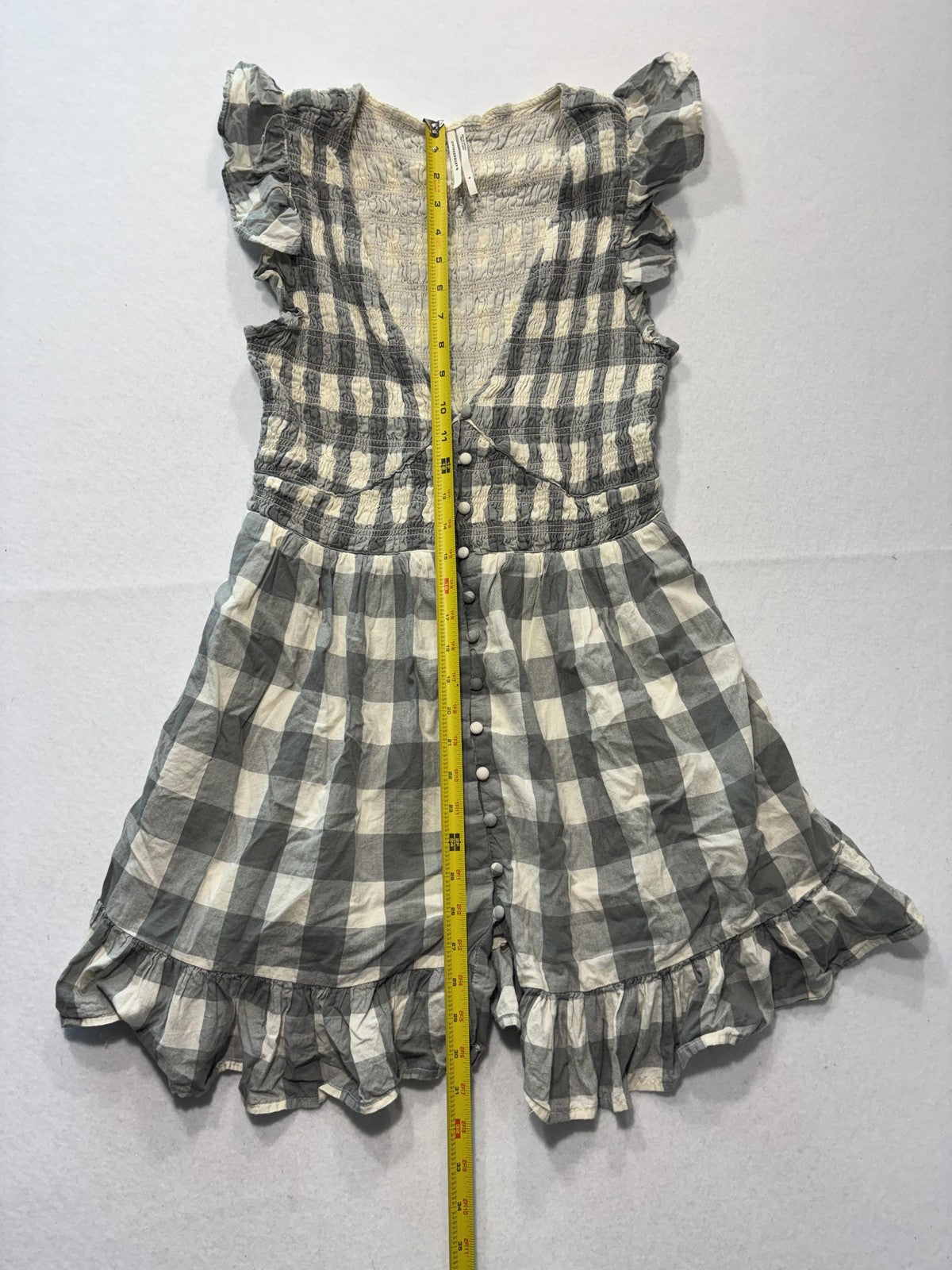 Anthropologie Dress Womens Small Gray Check V Neck Smocked Ruffle Sundress Boho