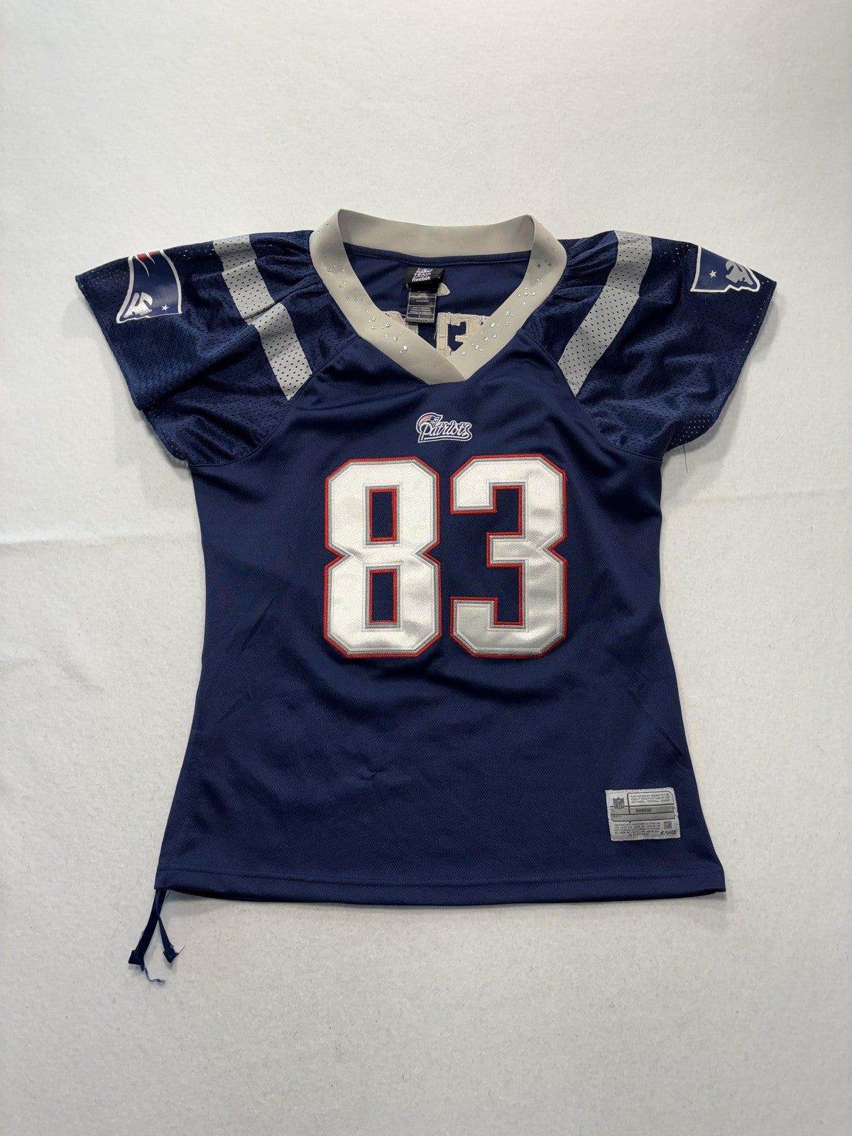 New England Patriots Jersey Womens Large Blue NFL Football Reebok Welker 83