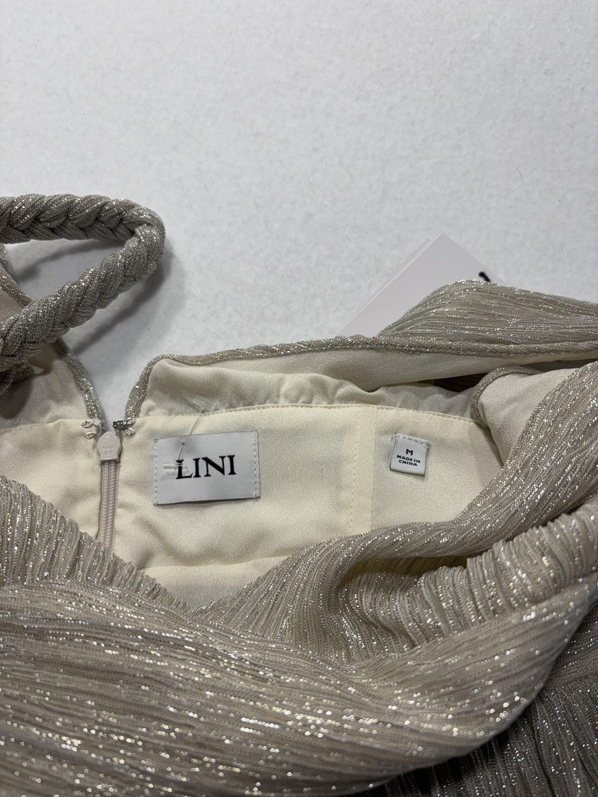 LINI Katherine Dress Womens Medium Champagne Metallic Pleated V Neck Maxi Formal