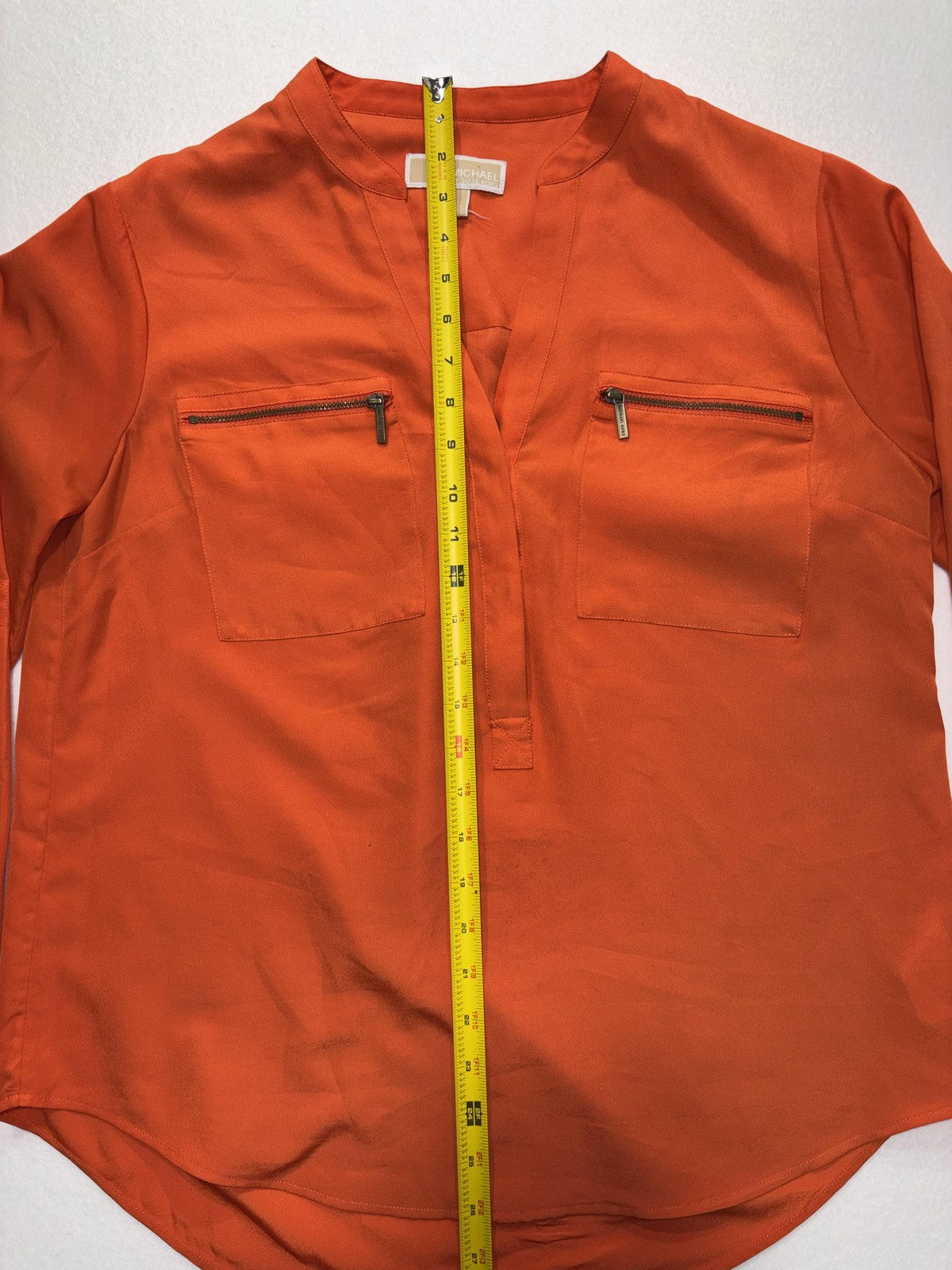MICHAEL Michael Kors Blouse Womens Large Orange V Neck Zip Pocket Tunic Top