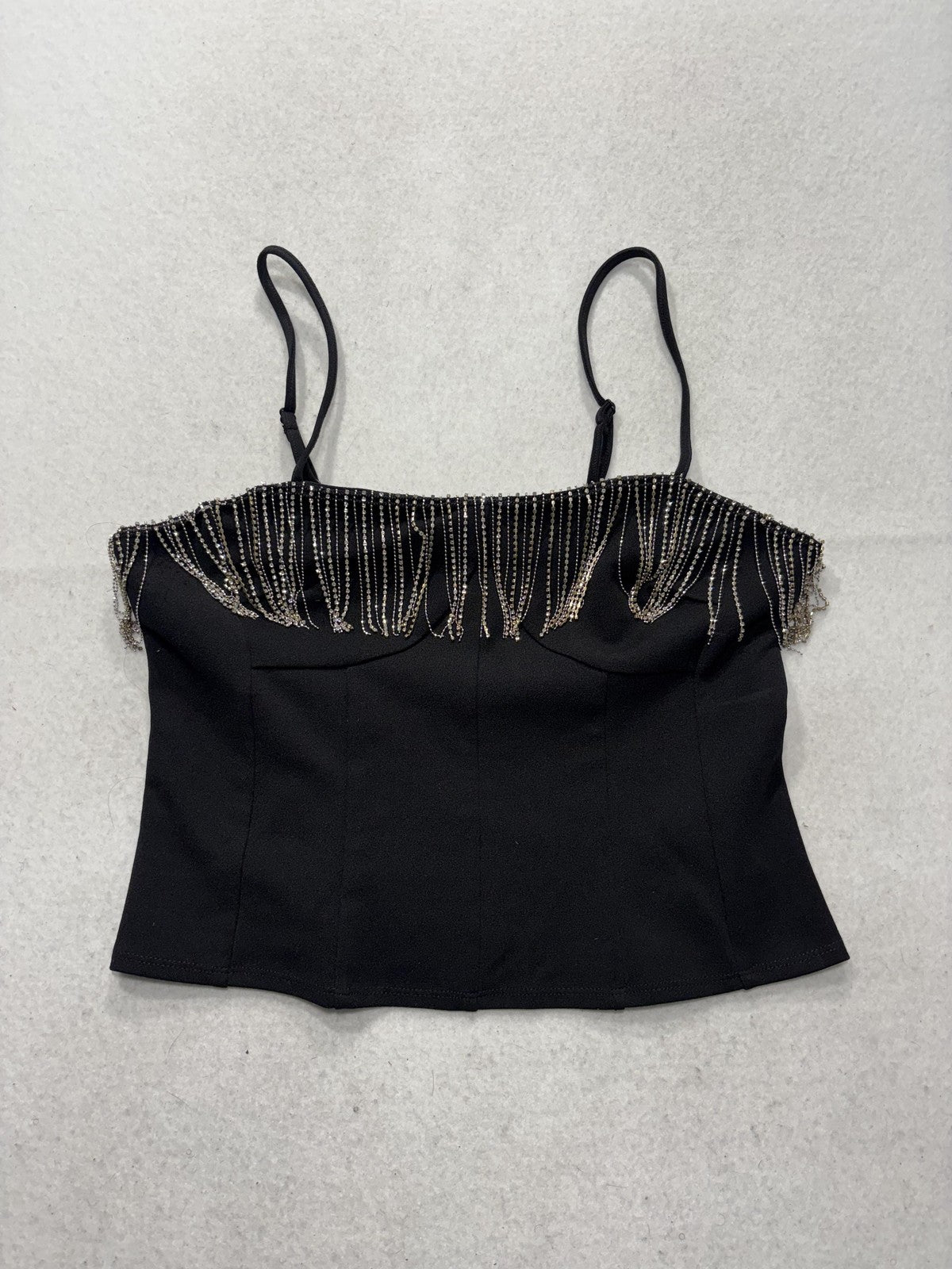 Sincerely Jules Tank Womens Medium Black Rhinestone Fringe Square Neck Cami