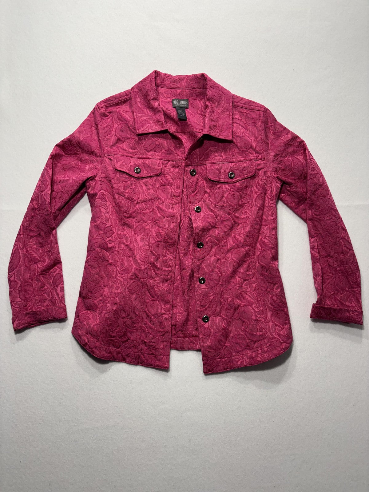 Additions By Chico's Jacket Womens 0 Pink Floral Jacquard Button Front Twill