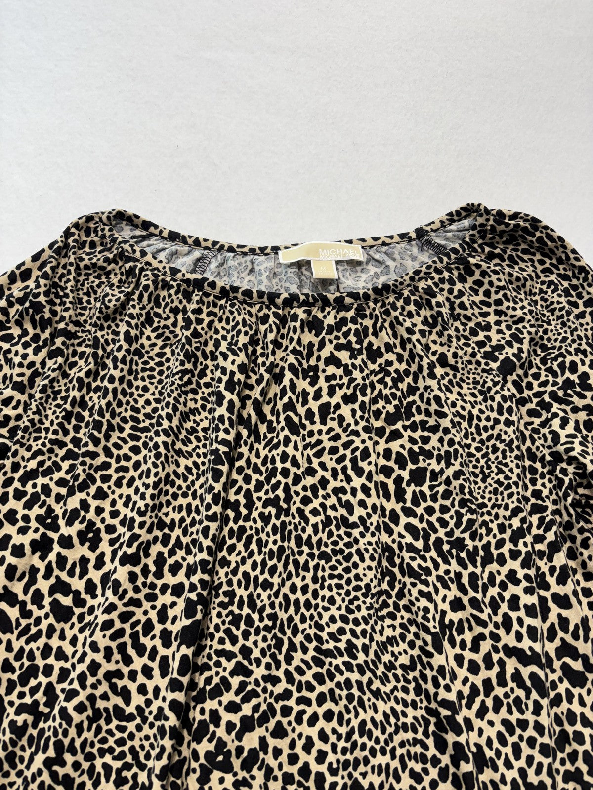 Michael Kors Blouse Womens Medium Beige Leopard Print 3/4 Bell Sleeve Tunic Top