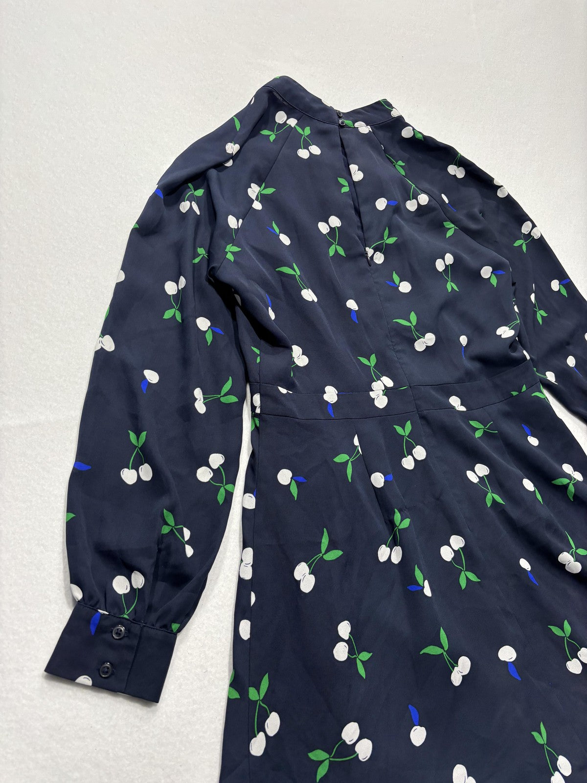 Banana Republic Dress Womens 6 Blue Cherry Print Mock Neck Long Sleeve Fit Flare