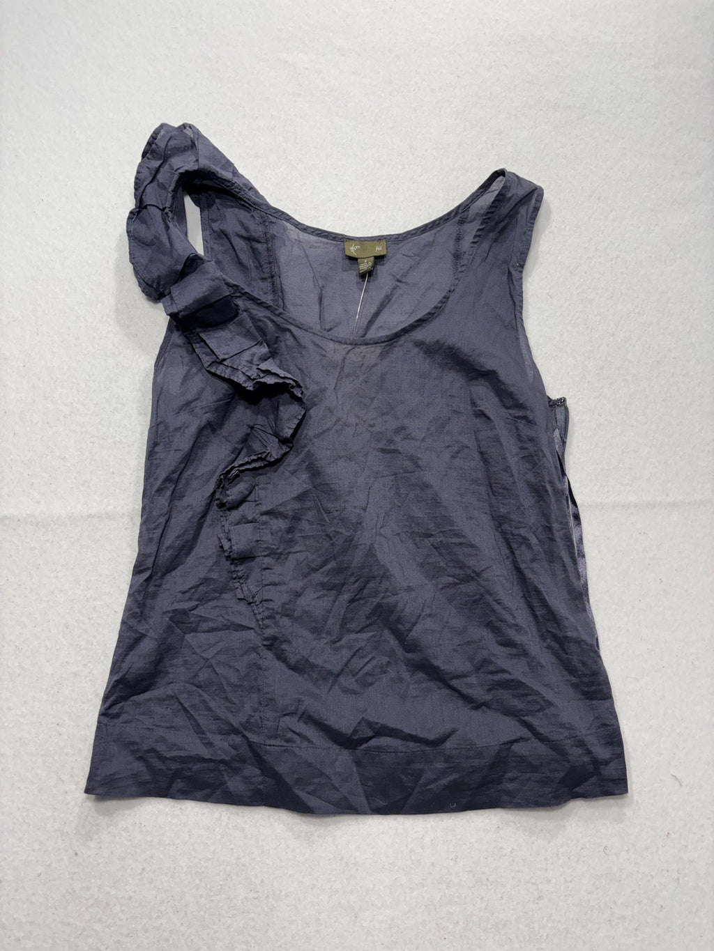 Fei Tank Womens 2 Blue Scoop Neck Ruffle Shoulder Side Zip Cotton Summer Top