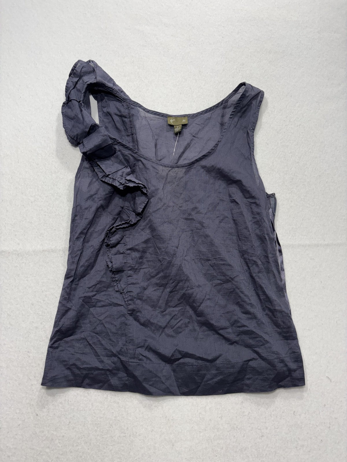 Fei Tank Womens 2 Blue Scoop Neck Ruffle Shoulder Side Zip Cotton Summer Top