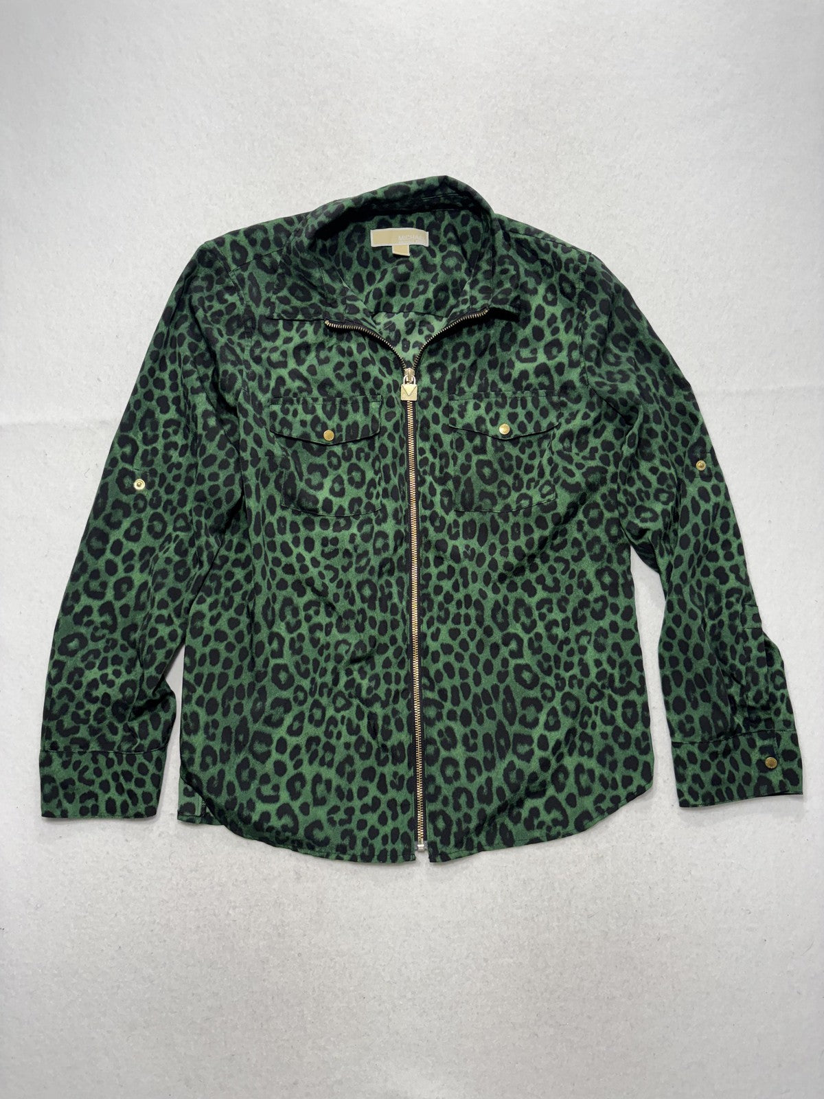 MICHAEL Michael Kors Blouse Womens Large Green Animal Print Zip Front Satin