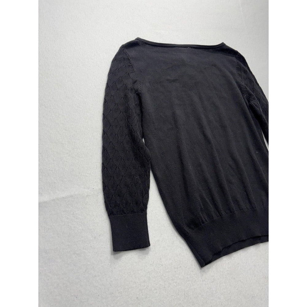 LOFT Sweater Womens Small Black Boat Neck Diamond Knit Sleeve Pullover 370975