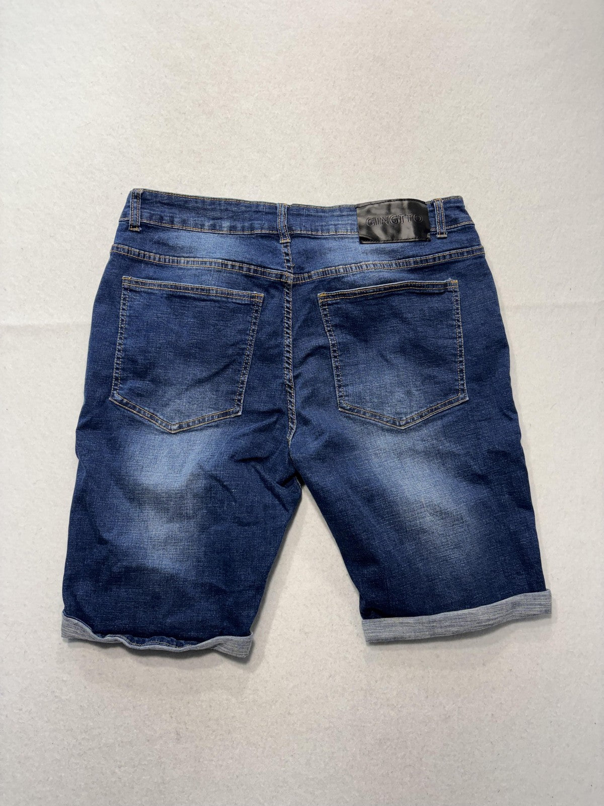 GINGTTO Bermuda Shorts Mens 34 Blue Denim 11" Inseam Distressed Slim 5-Pocket
