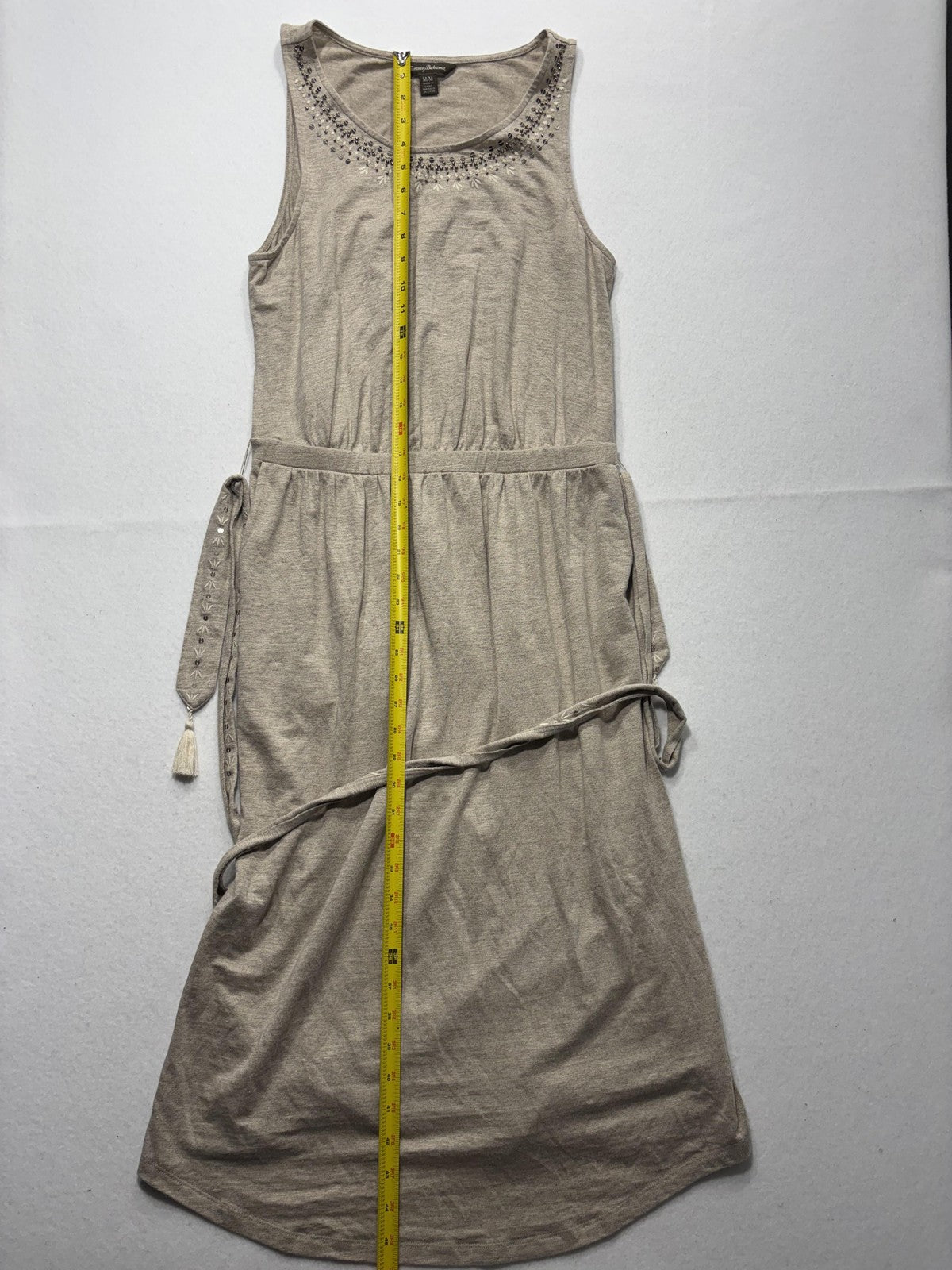 Tommy Bahama Dress Womens Medium Beige Beaded Scoop Neck Belted Hi Low Sundress