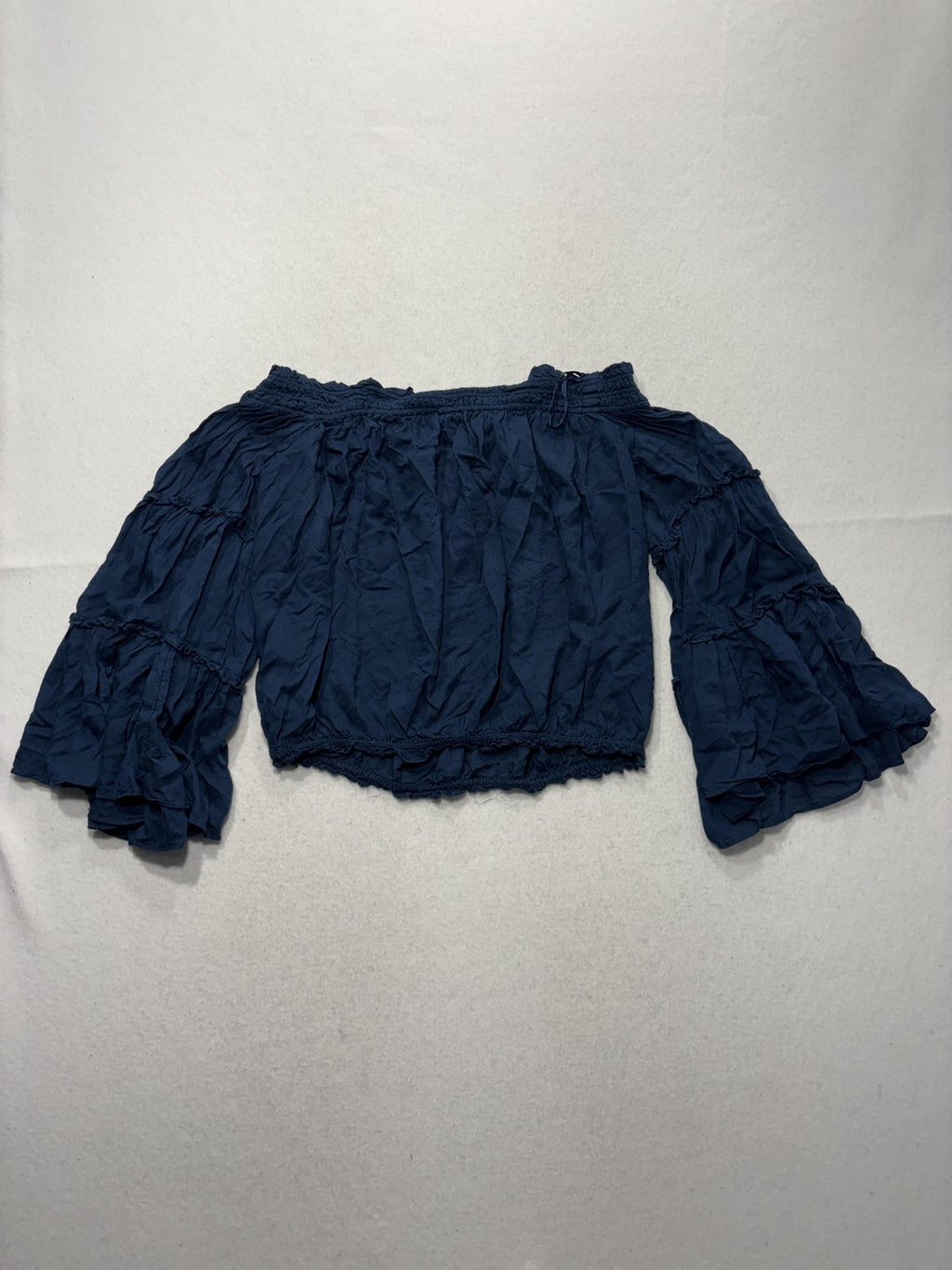 Free People Blouse Womens Small Blue Off Shoulder Ruffle Bell Sleeve Crop Top